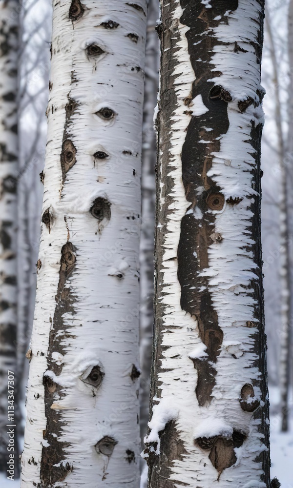 Fototapeta premium Birch trunks with thick layers of black and white snow coating their bark, white, scenery, snowy