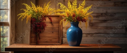 Wallpaper Mural Aquatic blue glitter string lights adorn a vase filled with goldenrod and burgundy flowers on a rustic wooden shelf, rustic wood, autumnal colors, home decor Torontodigital.ca