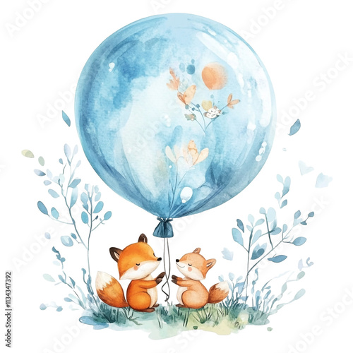 Two Adorable Foxes and a Watercolor Balloon photo