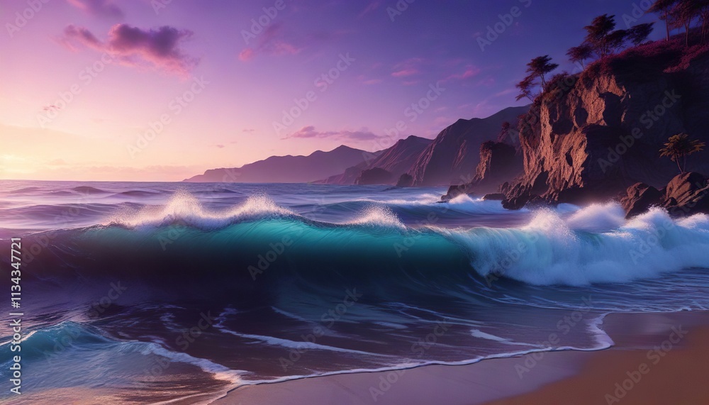 Fototapeta premium Soft blue waves gently roll on the shore amidst a backdrop of deep purple hues, calm atmosphere, gentle motion, serene ocean