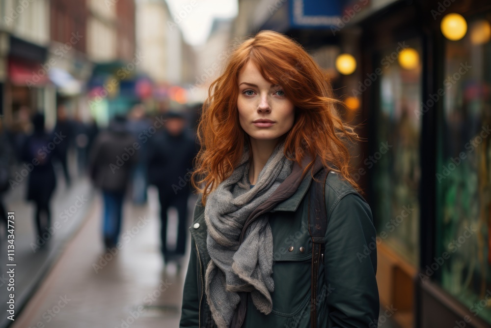 A woman with red hair stands in the rain with a scarf wrapped around her neck A woman with red hair stands in the rain with a scarf wrapped around her neck