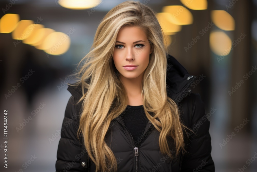A blonde woman wearing a black coat and a black shirt A blonde woman wearing a black coat and a black shirt