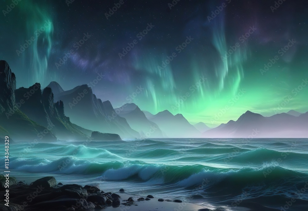 Fototapeta premium Atmospheric misty scene with blue and green gradient aurora waves , aurora waves, serene, nature