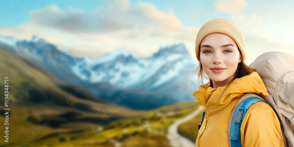 A woman in a yellow jacket enjoys mountain views. A woman in a yellow jacket enjoys mountain views.