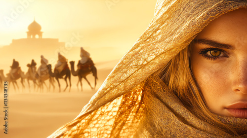 A woman in desert, golden light, and camels. photo