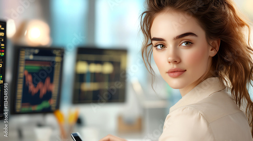 Focused woman working on financial data analysis. photo