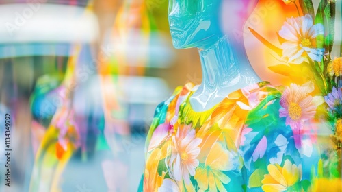 A vibrant storefront window with a mannequin wearing a floral dress, layered with colorful reflections and abstract patterns. photo