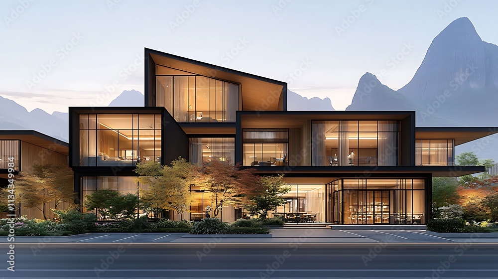 Ultra-realistic image of a contemporary multi-story building with modern retail and dining areas, parking space, and an elevated second floor, overlooking the Li River in Guilin, surrounded Ultra-realistic image of a contemporary multi-story building with modern retail and dining areas, parking space, and an elevated second floor, overlooking the Li River in Guilin, surrounded