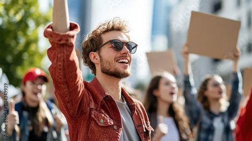 Diverse group marching for climate action, demanding CO2 reduction.