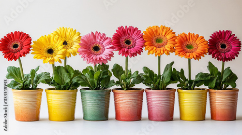 Wallpaper Mural Row of colorful potted Gerbera daisies in vibrant ceramic flower pots, perfect for a cheerful spring background header or website banner Torontodigital.ca