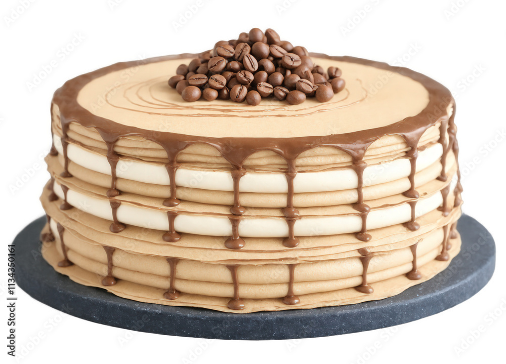 Mocha mousse crepe cake with delicate, thin layers of crepes stacked with creamy mocha mousse in between. The cake is Mocha mousse crepe cake with delicate, thin layers of crepes stacked with creamy mocha mousse in between. The cake is