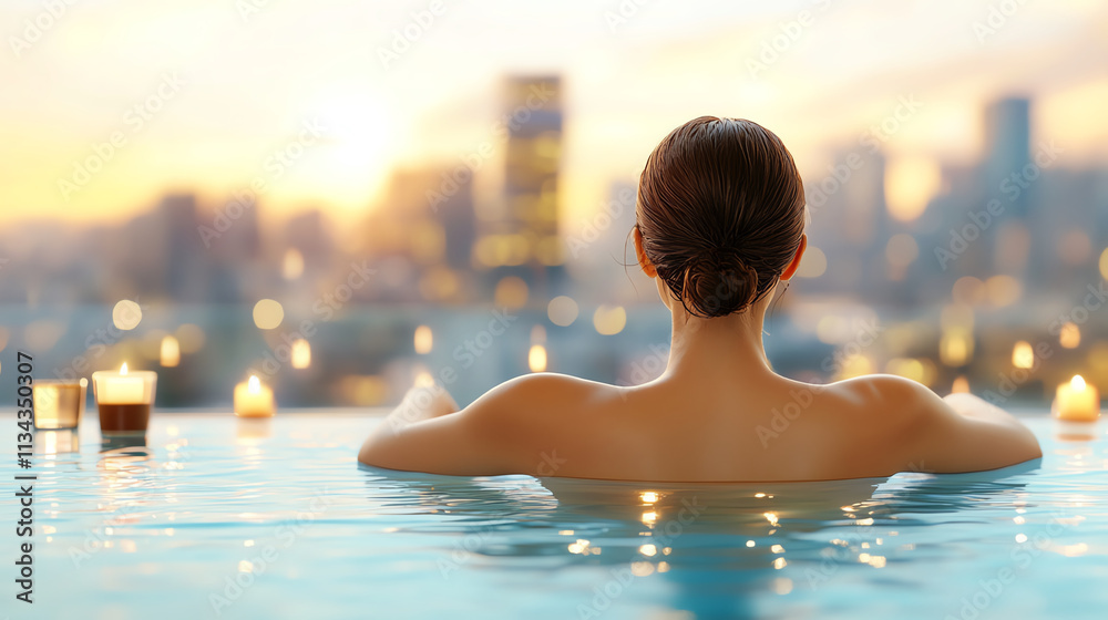 Relaxing in a serene rooftop infinity pool. Relaxing in a serene rooftop infinity pool.