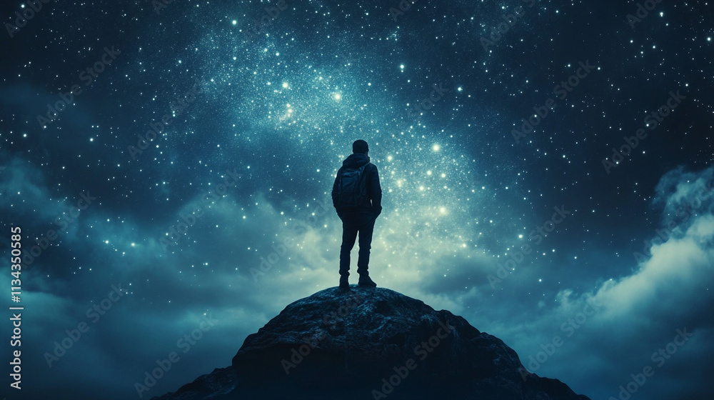 Person stands on mountain top under a starry sky at night in a remote location Person stands on mountain top under a starry sky at night in a remote location