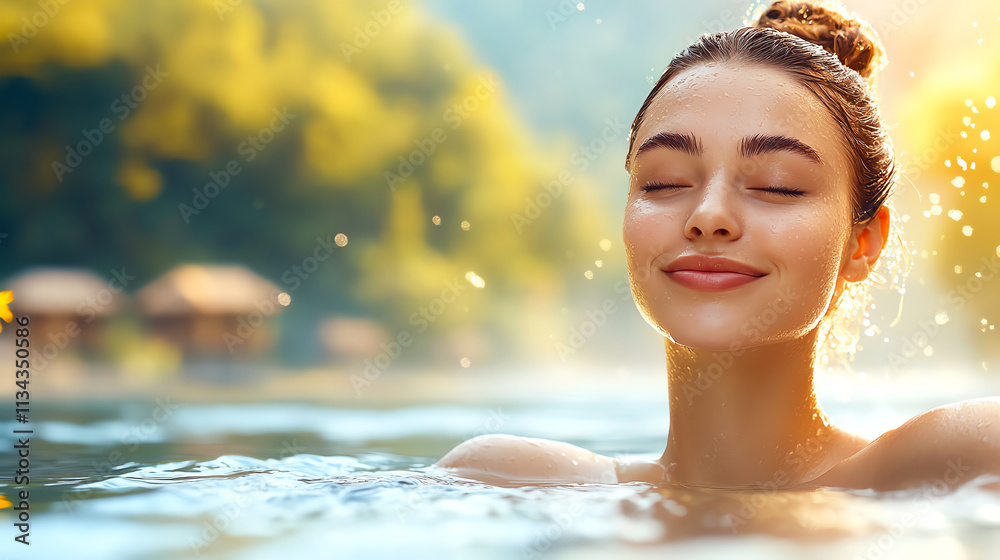 Fototapeta premium Serene woman enjoying nature in tranquil water.