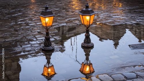 Two vintage-style lamps standing in puddles of water on a cobblestone street at dusk, reflecting in the water. photo