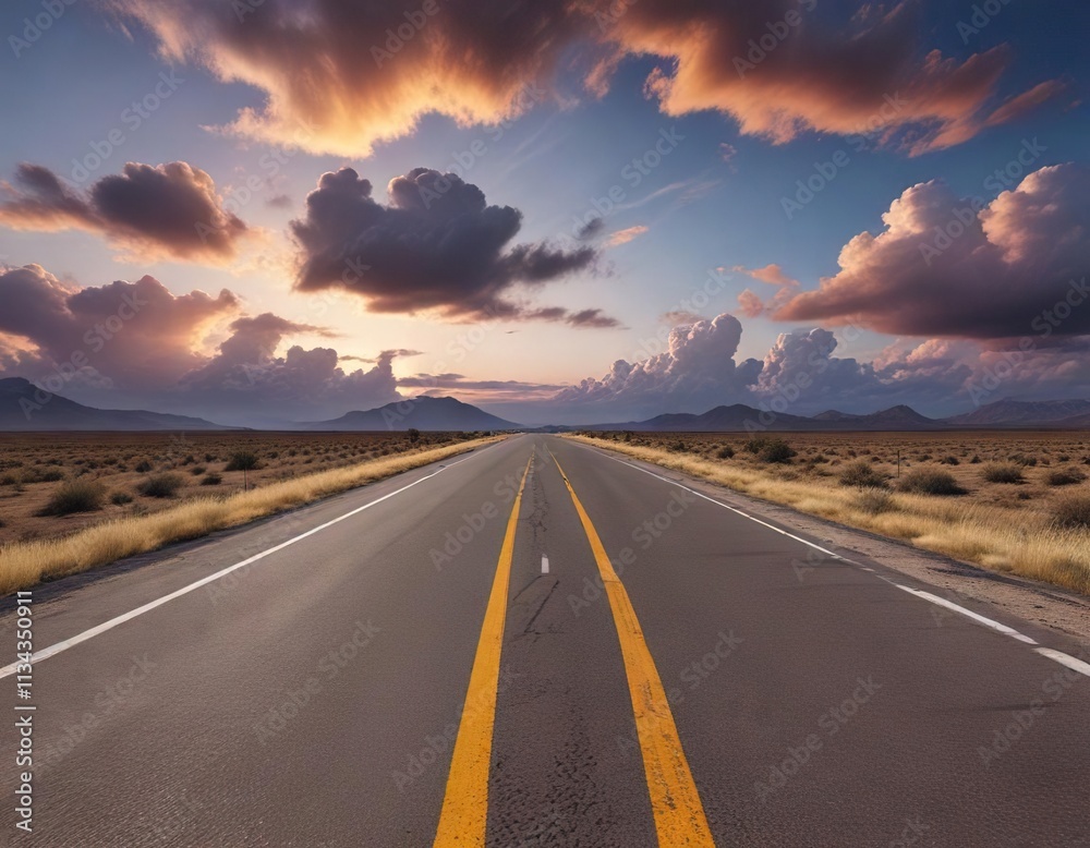 Desolate road at dusk with yellowing asphalt and white clouds drifting by, hazy atmosphere, tunnel view, sunset Desolate road at dusk with yellowing asphalt and white clouds drifting by, hazy atmosphere, tunnel view, sunset
