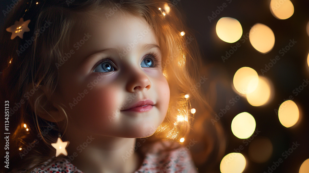 Child gazing at twinkling lights during festive celebration in cozy indoor setting Child gazing at twinkling lights during festive celebration in cozy indoor setting