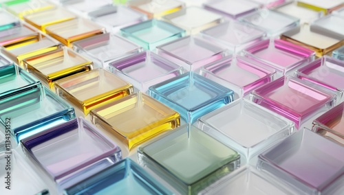 Colorful glass tiles arranged in a grid, creating a modern, abstract pattern.