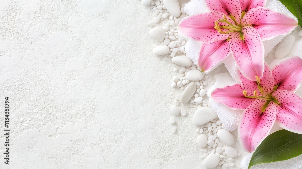 Two pink lilies surrounded by white pebbles and towels, arranged on a light textured background, creating a spa and wellness concept. Two pink lilies surrounded by white pebbles and towels, arranged on a light textured background, creating a spa and wellness concept.