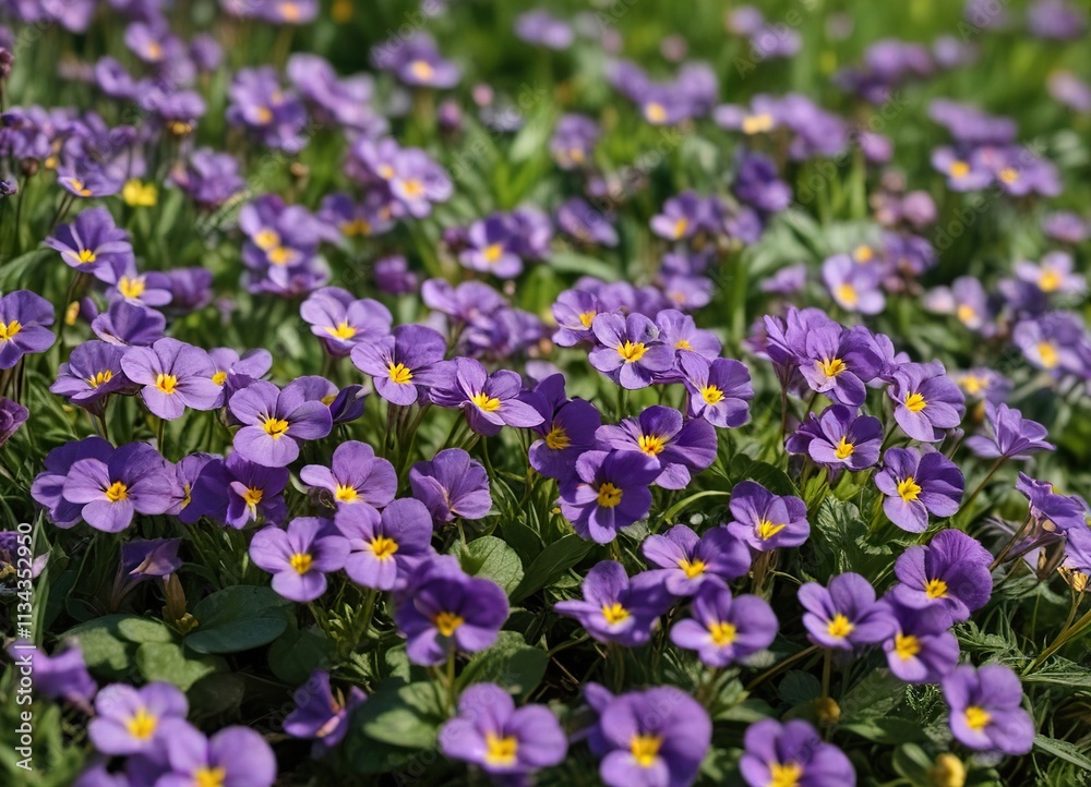 Naklejka premium a field of purple violets with clear yellow stamens against green grass , garden, nature