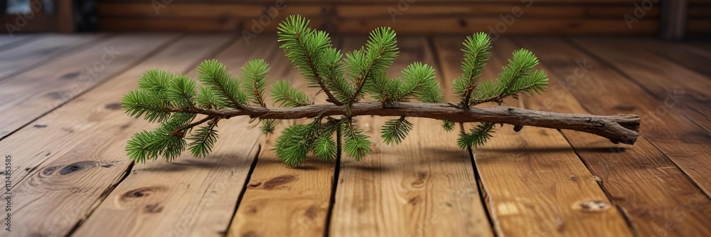 Single Pine Tree Branch Rests on Wooden Surface, wooden, minimalist Single Pine Tree Branch Rests on Wooden Surface, wooden, minimalist