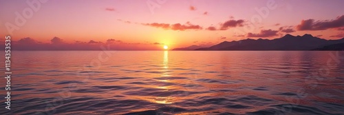 Radiant orange and pink hues of sunset on a calm sea, golden hour, natural light, daytime scene