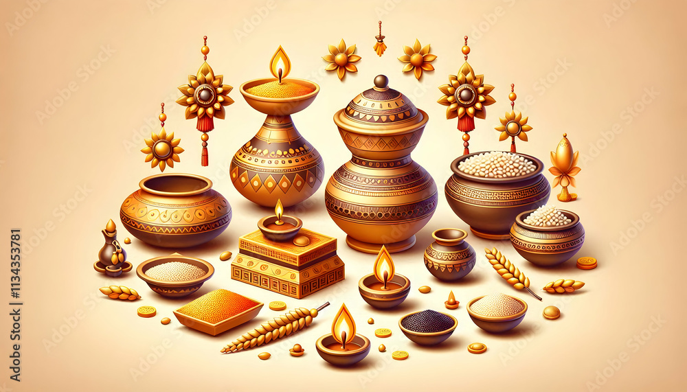 Obraz premium 3D Pongal Cultural Icons Vector concept as Vector illustration of traditional Pongal cultural icons like pots kolam lamps and rice grains representing cultural heritage and festivity perfect for infog