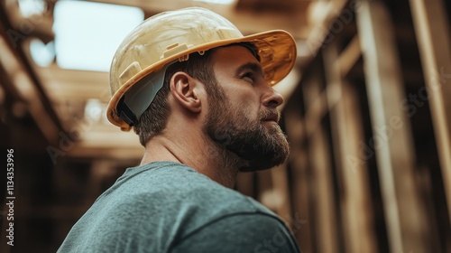 A construction worker wearing a hard hat inspects a building site, embodying themes of diligence and craftsmanship amid wooden frameworks of unfinished structures. photo