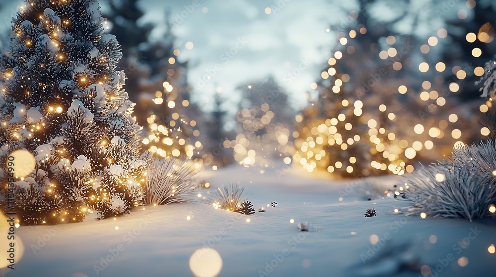 Winter landscape with snowflakes and bright bokeh Winter landscape with snowflakes and bright bokeh