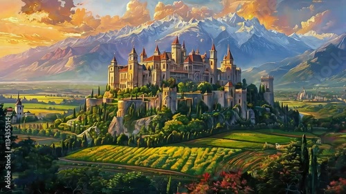 Fantasy castle atop hill, mountains behind at sunset.