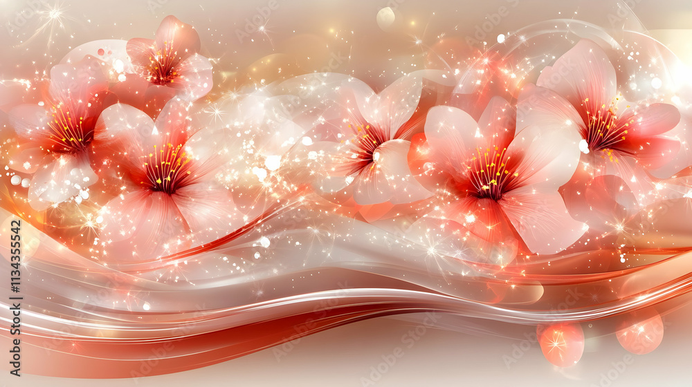 Sparkling pink flowers on a wavy, glowing background. Sparkling pink flowers on a wavy, glowing background.