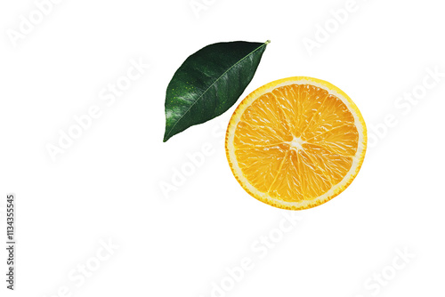 a slice of orange with a leaf