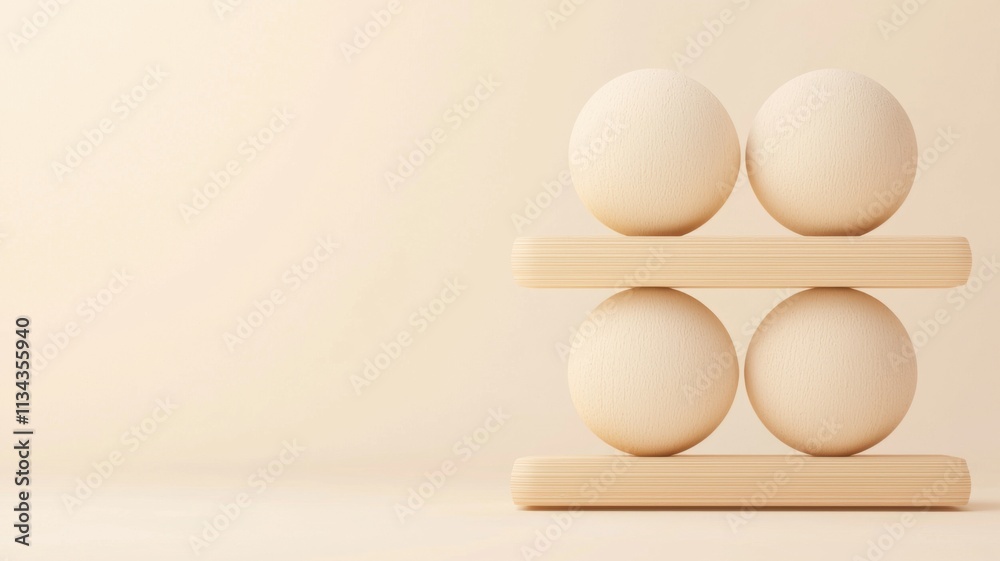 Wooden spheres balanced on minimalist shelves against a soft background. Wooden spheres balanced on minimalist shelves against a soft background.