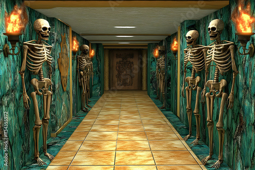 Spooky hallway with skeletons, torches, and ornate walls. photo