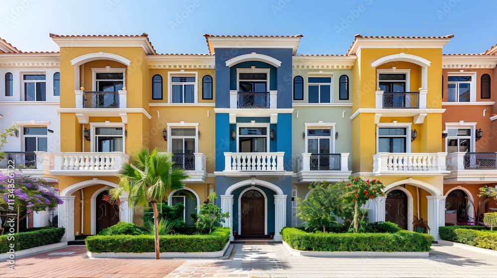 Colorful Modern Townhouses with Greenery in Bright Sunshine