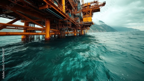 An offshore oil rig stands prominently above choppy waters with a mountainous backdrop, representing the industrial might and engineering prowess used in energy extraction. photo