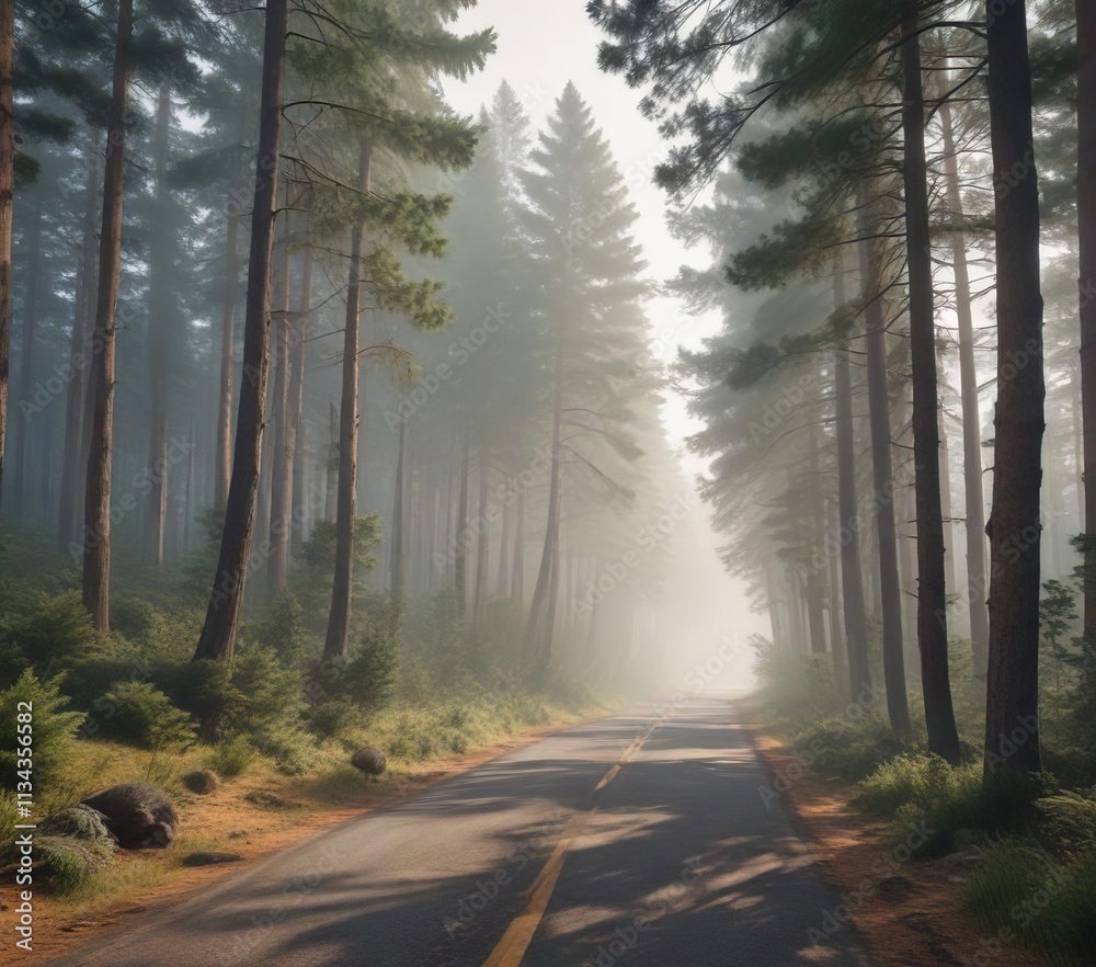 Obraz premium A country road that winds its way through a sea of tall pine trees and misty fog, rural landscape, woods, atmospheric effects