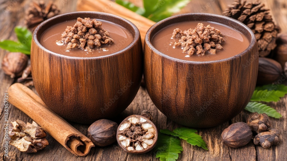 Two wooden cups filled with chocolate drink, topped with crunchy pieces and surrounded by spices. Two wooden cups filled with chocolate drink, topped with crunchy pieces and surrounded by spices.