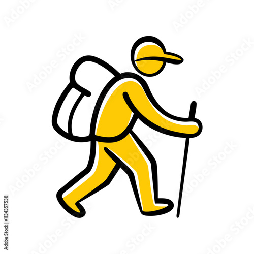 Outline illustration of a hiker with a backpack and trekking pole on a white background