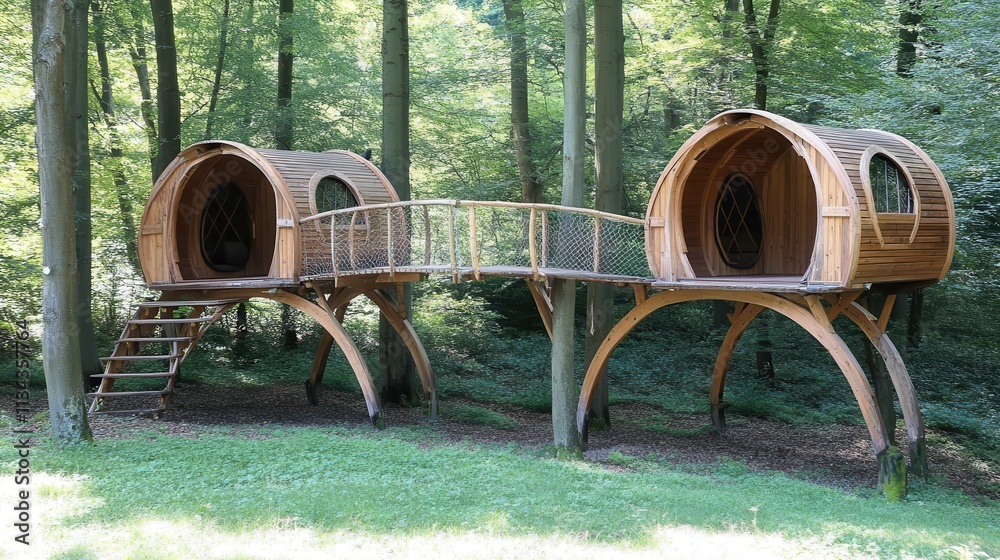Two wooden treehouse structures connected by a bridge in a forest. Two wooden treehouse structures connected by a bridge in a forest.