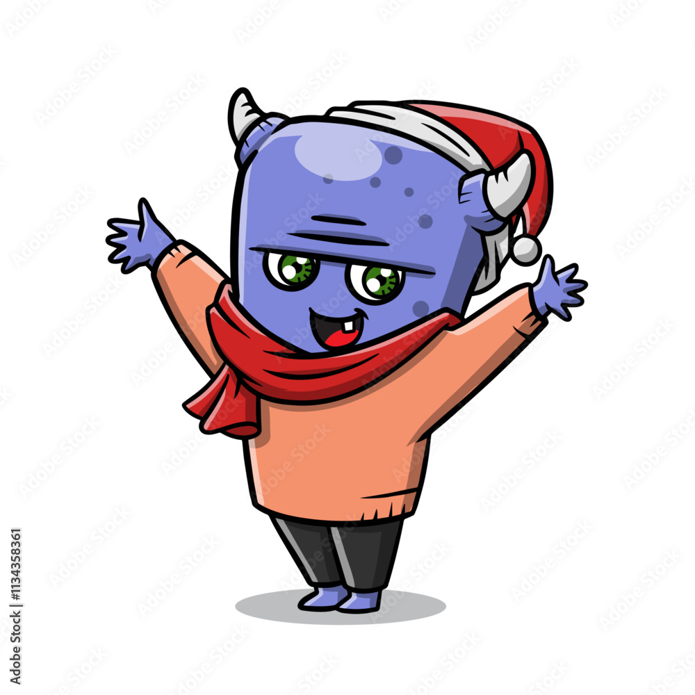 Obraz premium Happy horned monster in a sweater scarf and Santa hat, suitable for festive designs, childrens illustrations, holiday cards, and merchandise.