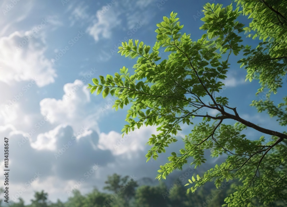 A lone branch with lush green leaves stretching towards the sky, leaf, growth A lone branch with lush green leaves stretching towards the sky, leaf, growth