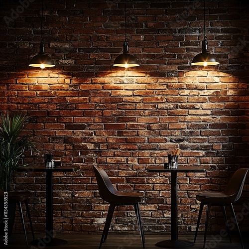 Rustic Brick Wall Restaurant Interior Dark Chairs Tables Lamps