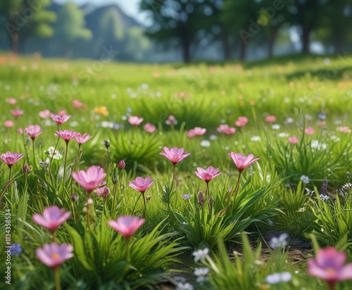 A delicate spring flower blooms on a lush green meadow , blooming flowers, yellow flowers