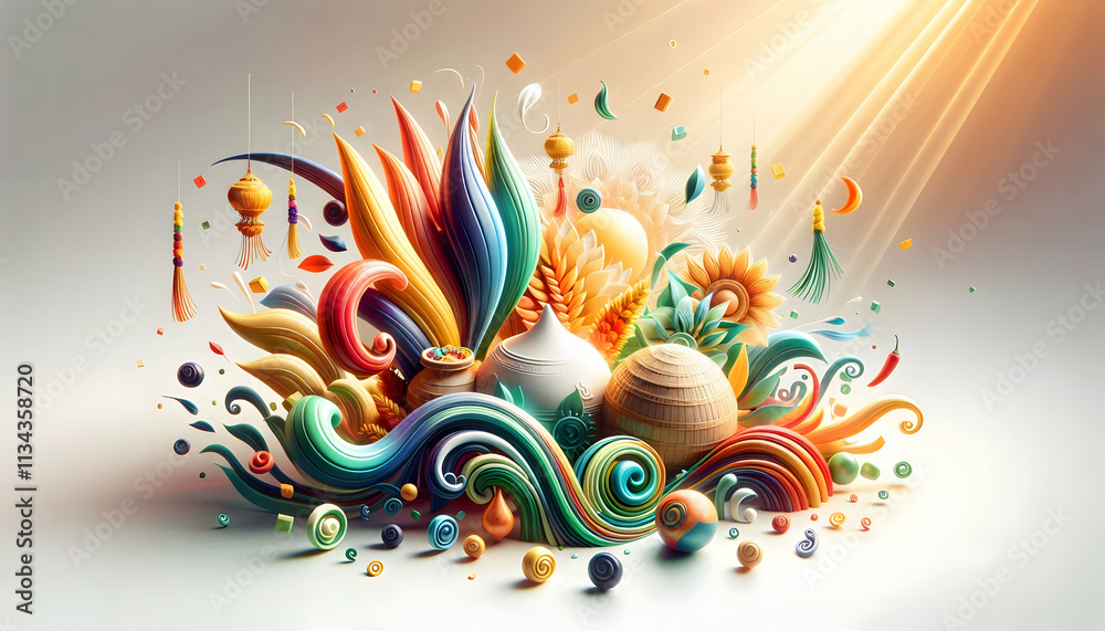 3D Soft Abstract Pongal Traditions concept as Soft abstract digital art illustrating Pongal traditions with flowing colors and cultural symbols representing the essence and joy of the festival for mag