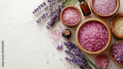 A serene arrangement of lavender, bath salts, and essential oils for relaxation and wellness.
