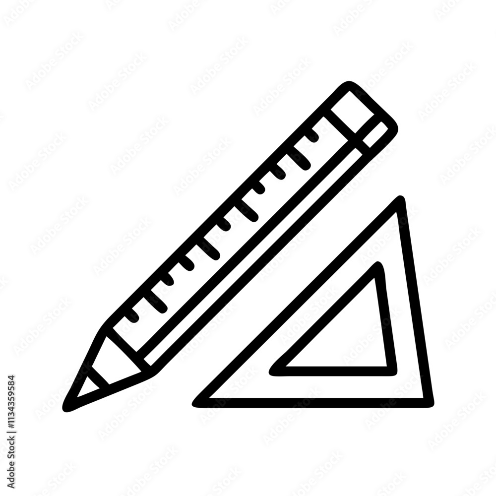 Outline illustration of a pencil and ruler with a triangle on a white background Outline illustration of a pencil and ruler with a triangle on a white background