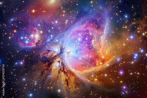 A vibrant nebula shimmers with luminous colors, surrounded by numerous sparkling stars, showcasing the beauty of deep space in a distant galaxy. photo