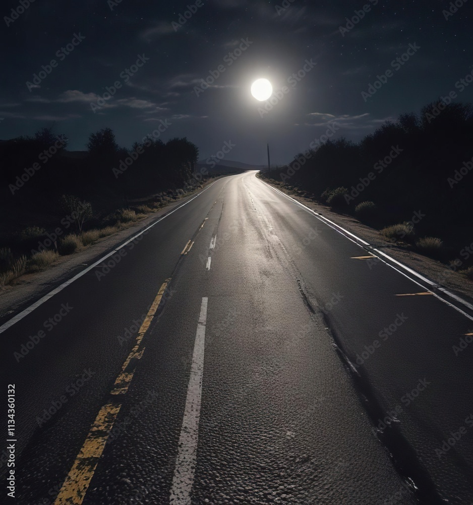 Fototapeta premium A single beam of moonlight cuts through the darkness on a deserted road at night, solitude, lunar illumination