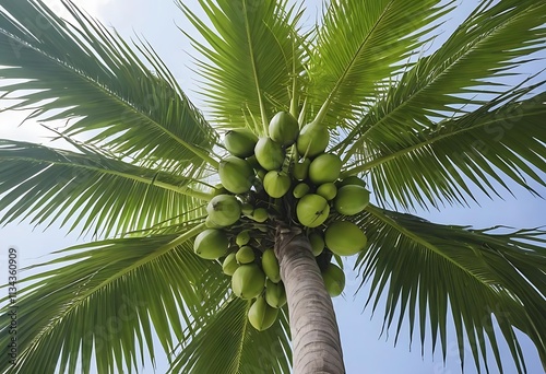 Palm tree, coconuts, tropical foliage, upward perspective, clear sky